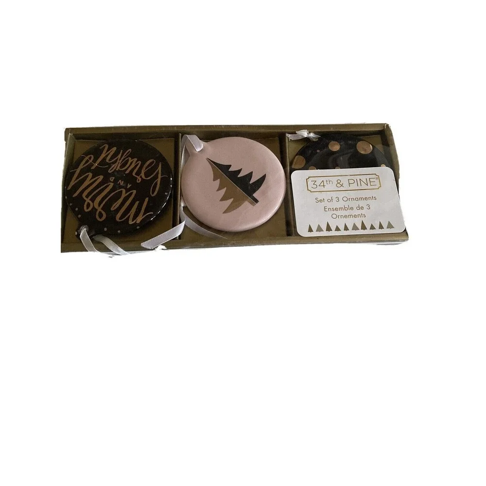 Ceramic Christmas Ornaments‎ Set of 3 Black Pink Gold Merry and Bright